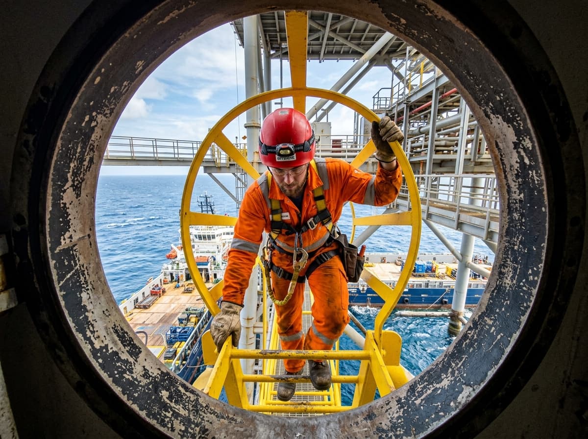 Offshore logistics technician descending marine platform ladder over sea