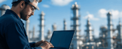 Field engineer monitoring industrial diagnostics on laptop in facility
