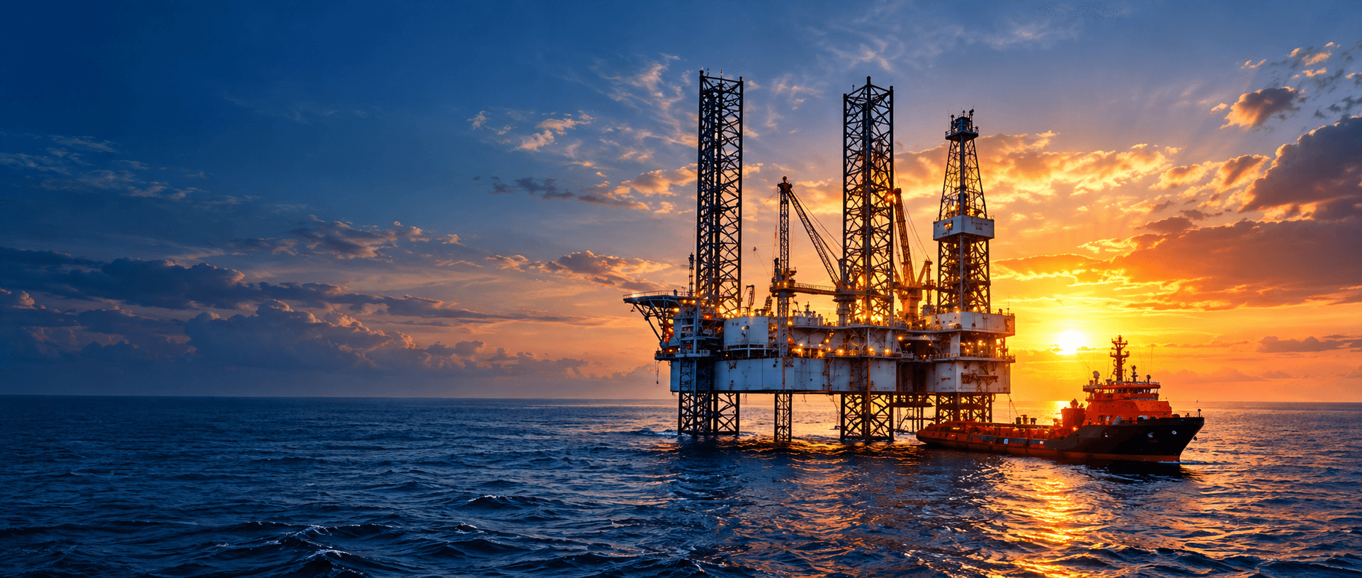 Offshore jack-up drilling rig and energy infrastructure at sunset